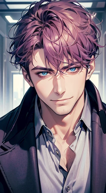 (best quality, masterpiece, 8K, photorealistic, cinematic lighting, 1:4 hdr image, ultra detailed, beautiful image), a mature man, 35 years very handsome, ((cold expression smile in love)), short purple hair, blue eyes, face perfect without mistakes, ((buttoning his jacket, CEO)), smile.