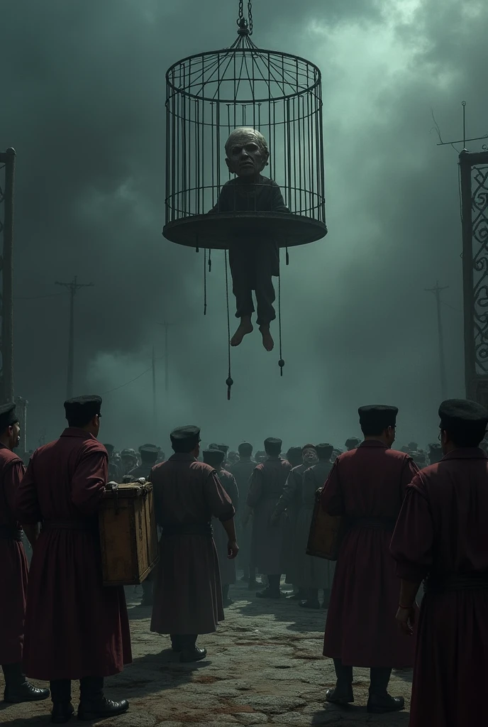 Imagine a dark and gloomy colonial square in 1782. In the middle, An elevated cage contains the head of José Antonio Galán. Colonial officials carry wooden boxes with body parts, as villagers watch in horror. The gallows is seen in the background, with deep shadows and dim lighting that highlights the gravity of the moment.