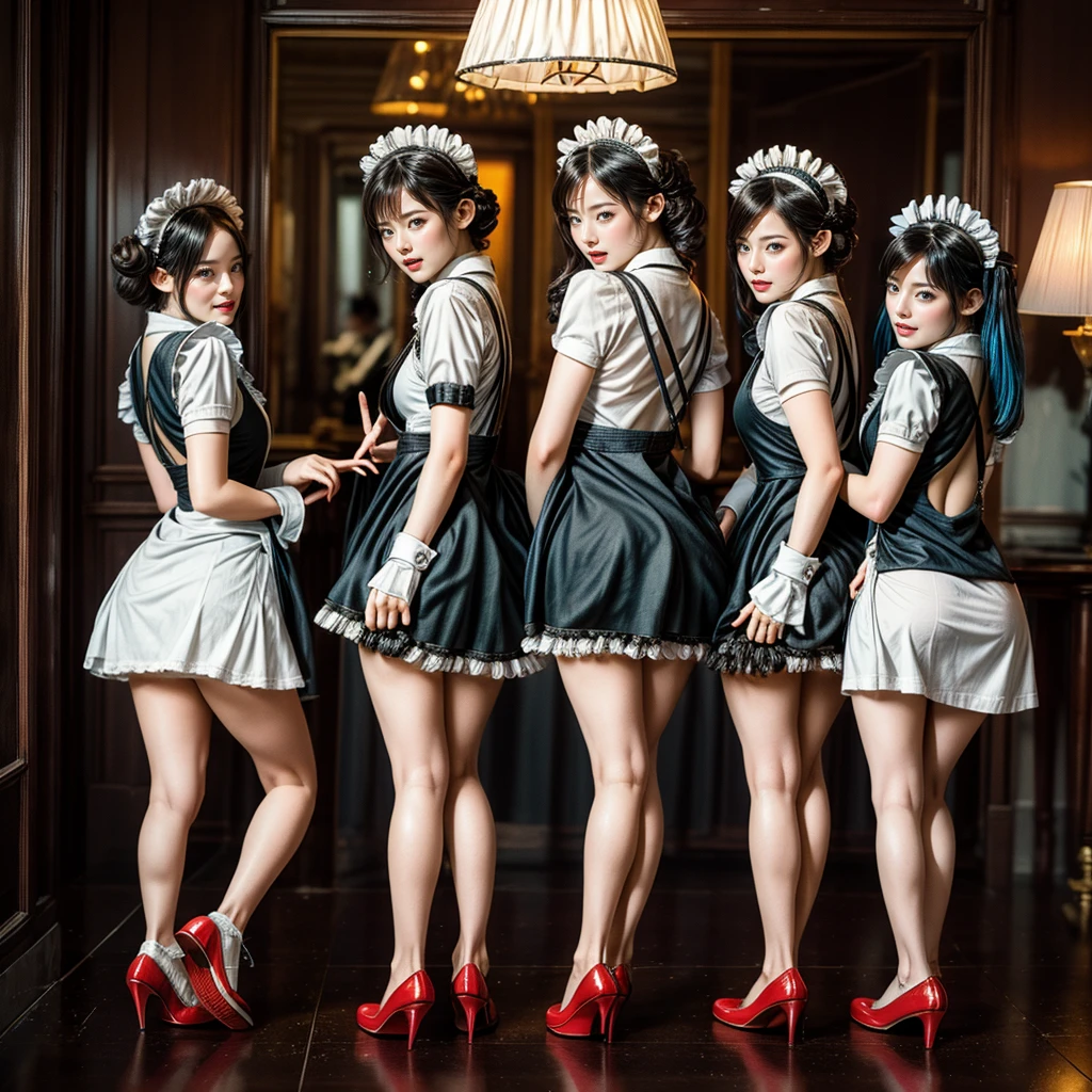 (Full Body of Extremely Detailed((12 Sexy Maid Group:1.4))), KAWAII perfect face, Reflective Eyes, Detailed(Delicate Clothing textures), Correct Stretchy graceful legs, Dynamic Joyful Expressions LifeLike Rendering, Specular Reflection, TopQuality 8K Ultra-detailed masterpiece (ProfessionalPhoto:1.37), (Acutance:0.8), (Luminism:1.28), Renaissance art style, (Colorful Light particles), ((Full body from side)) {Kissing Face to Face|Cute Peach AssFocus|(NakedApron with Overflowing SideBoob)}, Radiant Fine Skin with Transparency, (Exposed:0.4) {Pink Hair|LightBlue Hair|Pure White Hair|Blonde|Liquid Hair|Red Shoes}, Perfect Lighting, {(Couch:0.6)|(Counter Table:0.8)}