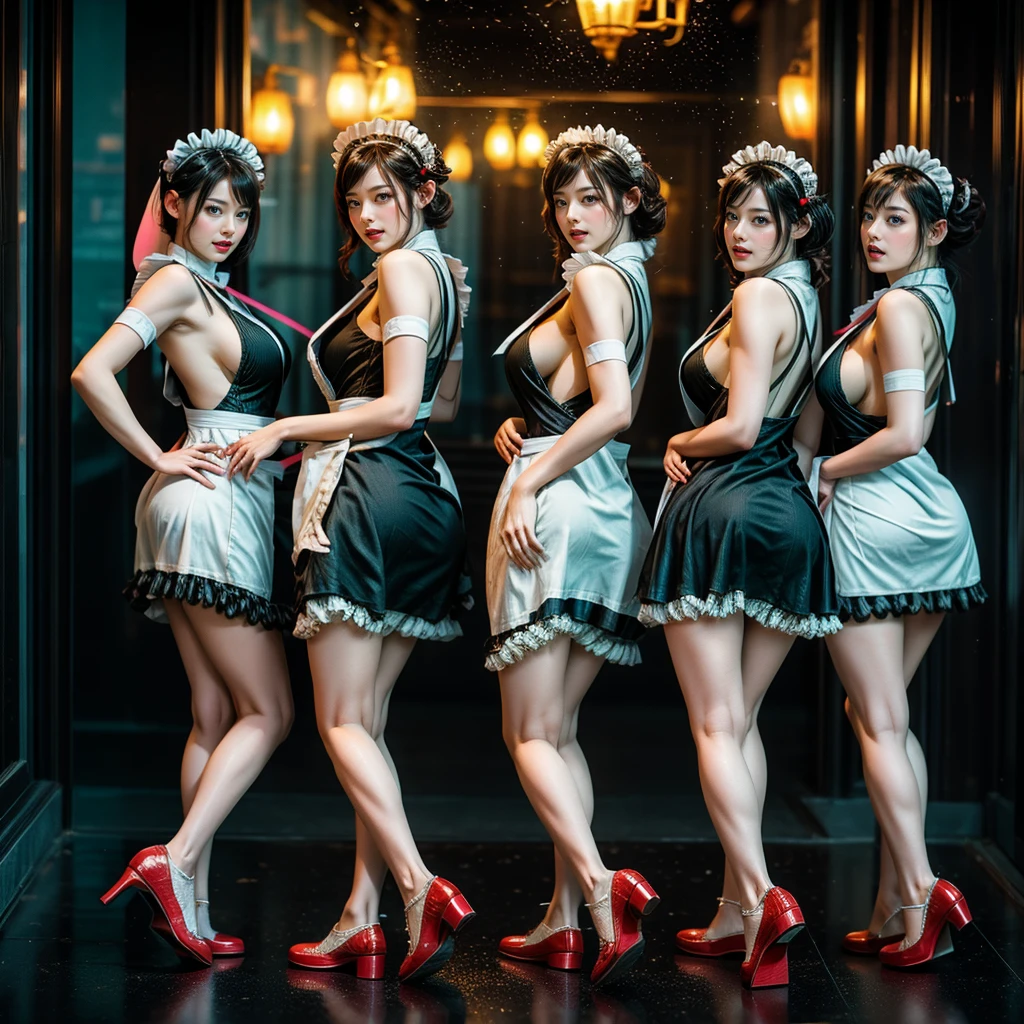 (Full Body of Extremely Detailed((12 Sexy Maid Group:1.4))), KAWAII perfect face, Reflective Eyes, Detailed(Delicate Clothing textures), Correct Stretchy graceful legs, Dynamic Joyful Expressions LifeLike Rendering, Specular Reflection, TopQuality 8K Ultra-detailed masterpiece (ProfessionalPhoto:1.37), (Acutance:0.8), (Luminism:1.28), Renaissance art style, (Colorful Light particles), ((Full body from side)) {Kissing Face to Face|Cute Peach AssFocus|(NakedApron with Overflowing SideBoob)}, Radiant Fine Skin with Transparency, (Exposed:0.4) {Pink Hair|LightBlue Hair|Pure White Hair|Blonde|Liquid Hair|Red Shoes}, Perfect Lighting, {(Couch:0.6)|(Counter Table:0.8)}