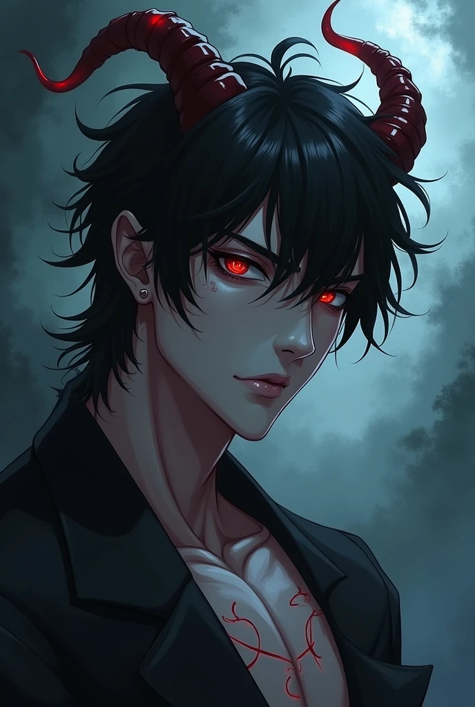 Create a dark and very attractive male anime style human demon