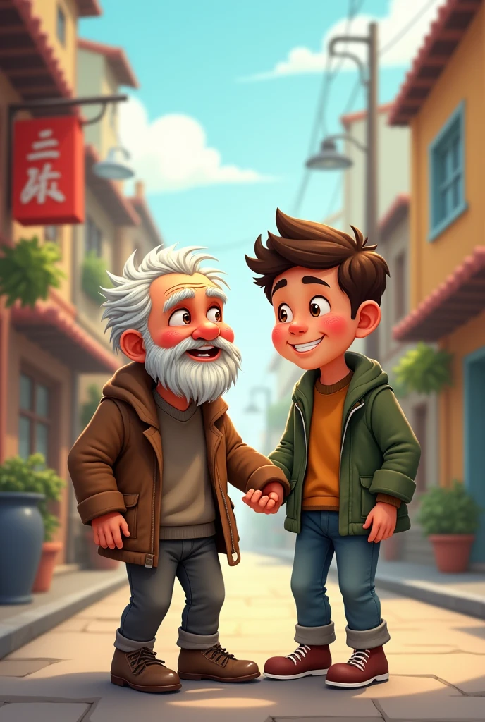 Elderly vagabond being helped by a young man the young man takes the old man to eat the very grateful old man gives the young man a hug Cartoon style image 