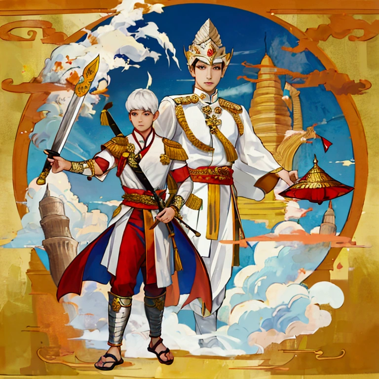 man,Wearing Thai warrior costume,Wear white.,holding a sword,short hair, shoe ,Wearing a Thai war helmet,Thai Ayutthaya