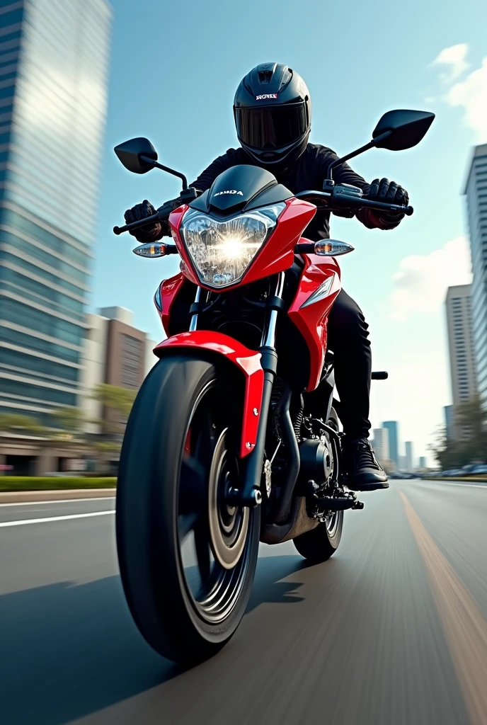image of a biker at a low, diagonal angle, riding a red Honda CG 160 Titan motorcycle. in the background, city buildings and a blue sky. The motorcyclist wears a full-face helmet with a low visor.