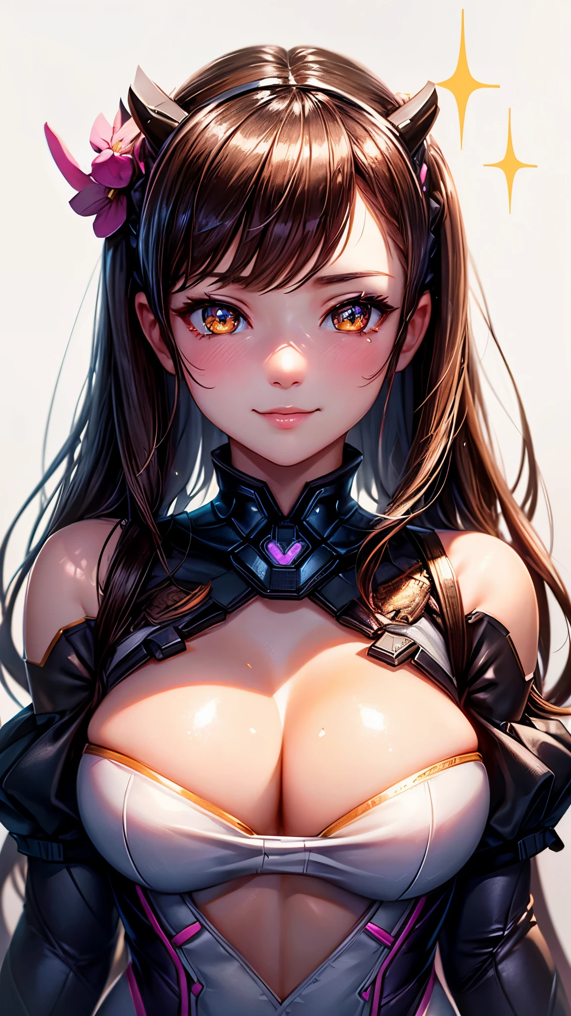 (masterpiece), (best quality), (intricate details), high resolution, visually stunning, sidelighting, deep shadow, nothing but white background, (Dva from overwatch), brown hair, heart-shaped pupils, amber eyes, emotionless smile, sparkle, ((super shiny face)),