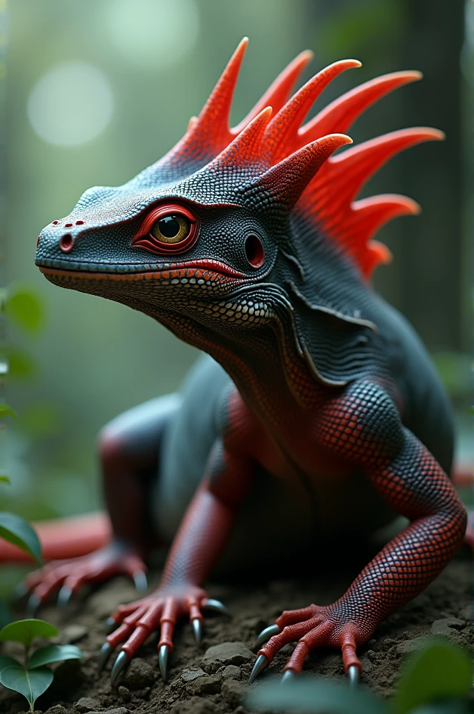 A lizard with a red and black cap