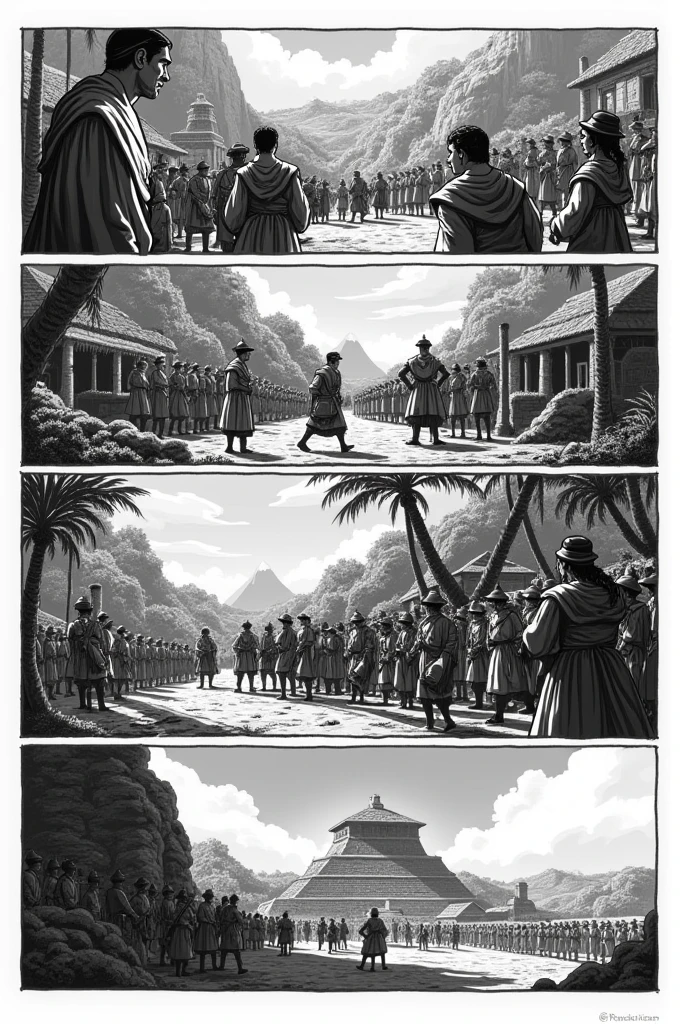 Create a comic strip from the book The True Story of the Conquest of New Spain by author Bernal Díaz Castillo 
