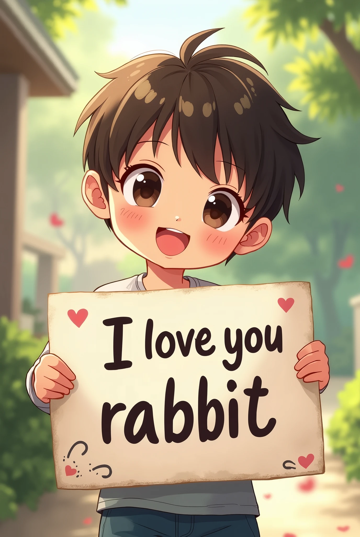 a beautiful and cute boy holding up a sign "i love you Rabbit", joyful, happy, anime illustration, photorealistic, oil painting