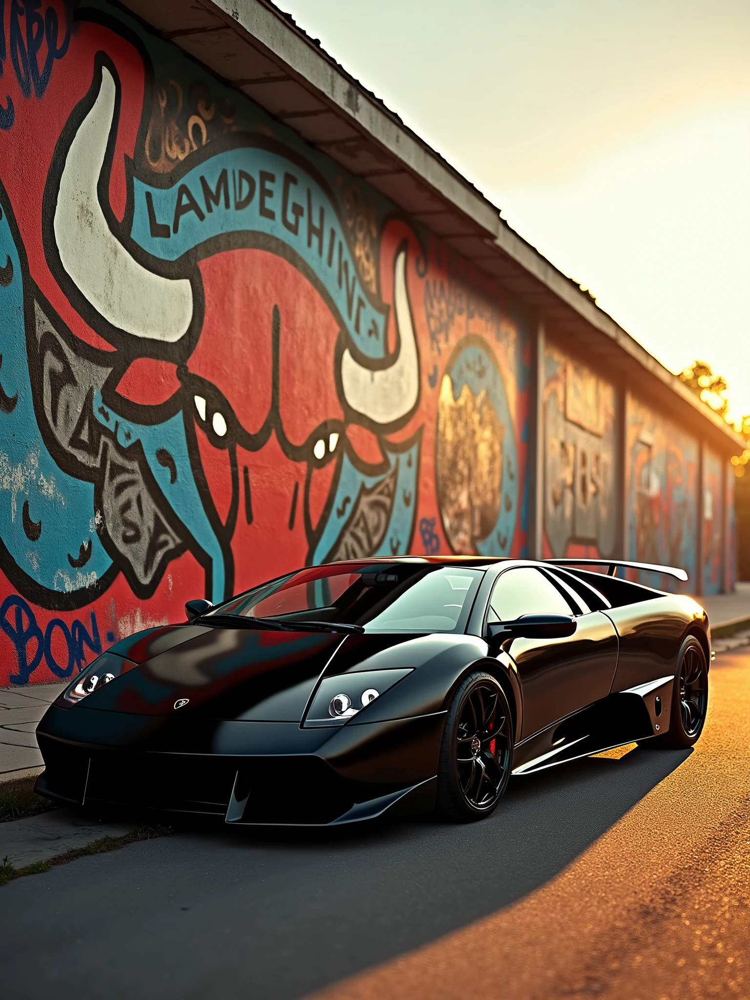 A captivating cinematic portrait photograph of an grey Lamborghini murcielago lp0, showcasing its sleek lines and glossy exterior. The car is elegantly parked near a vibrant, graffiti-covered wall that artfully merges the bull emblem with typography elements, displaying the artist's creative passion. The warm golden sunlight casts dramatic shadows, emphasizing the car's sleek black interior, which contrasts with its exterior. The composition masterfully unites automotive perfection with urban art, providing an immersive visual experience that highlights the dedication behind the care of this automobile masterpiece., graffiti, photo, graffiti, cinematic, typography, portrait photography, poster
