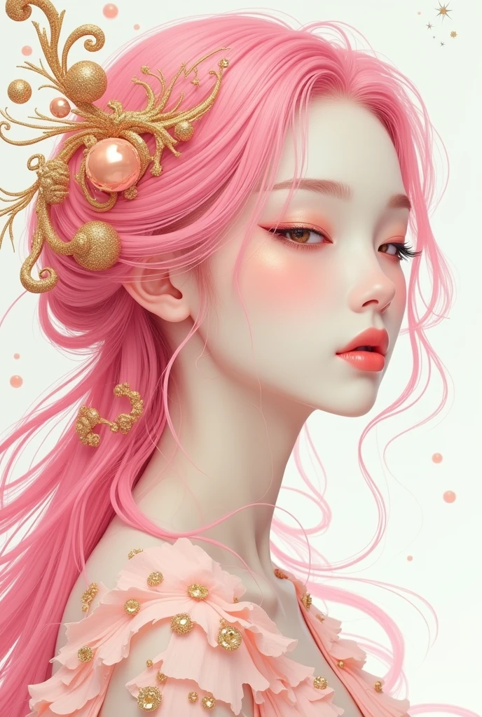 (White background:1.4),(Girl's head silhouette, Eyes closed, Long colored hair, Oriental elements),(Chinese illustration:1.3,Paper Art:1.3, キルティングPaper Art:1.2),( Streamlined Design, Clear lines, High sharpness,Better Quality, Very detailed, Master Parts, Film Light Effect, 4K ) Illustration design, porcelain doll skin, beautiful detailed eyes, beautiful detailed lips, extremely detailed gold eyes and face, long eyelashes, upper body, from side, looking at viewer, (fractal art:1.3), (pink hair:1.2), water, liquid, cloud, colorful, starry, stars, (best quality, 4k, 8k, highres, masterpiece:1.2), ultra-detailed, (realistic, photorealistic, photo-realistic:1.37), vibrant colors, studio lighting, extremely detailed description, professional, concept art, surreal, 1920s french vibe, monochromatic gold and pink palette, in the style of french illustrator moebius, gold elements,