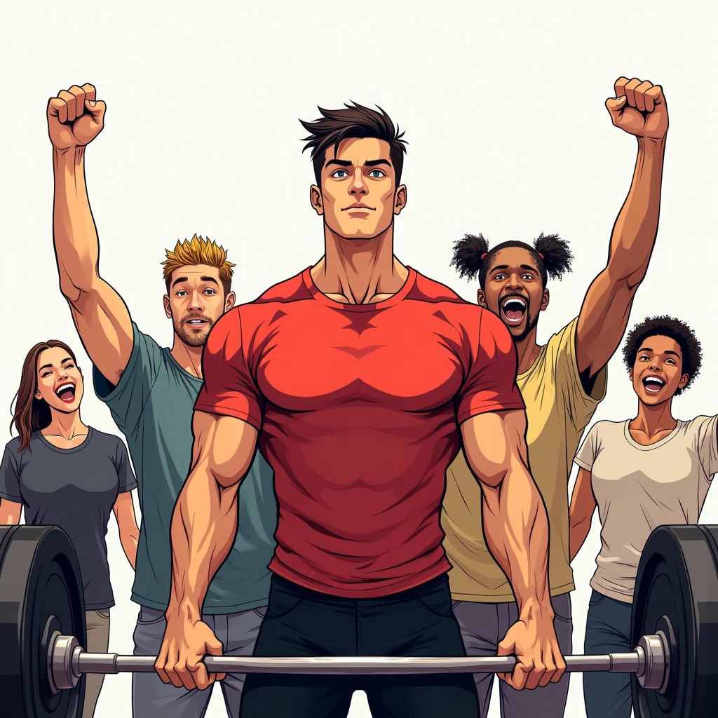 manga art style, best quality, masterpiece, handsome young man wearing red tshirt and black shorts, lifting a barbell, five friends of different races cheer from behind, perfect fingers, perfect hands, perfect face, perfection, no background