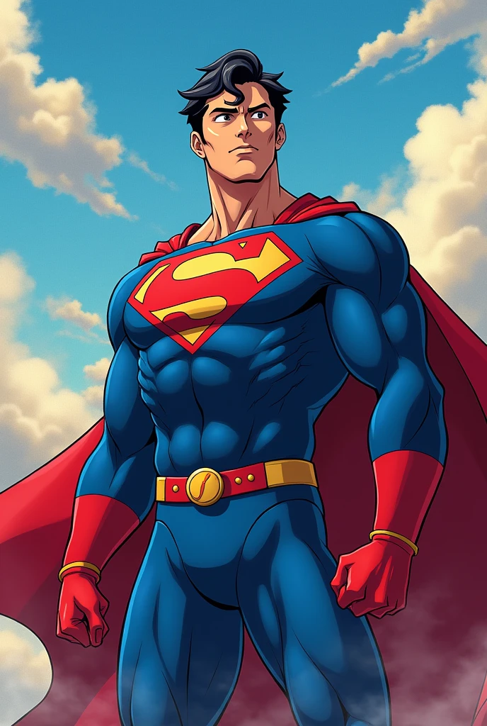 Create for me a hero with a blue and red uniform anime man with a cape not superman don't put s chest put u on chest u chest