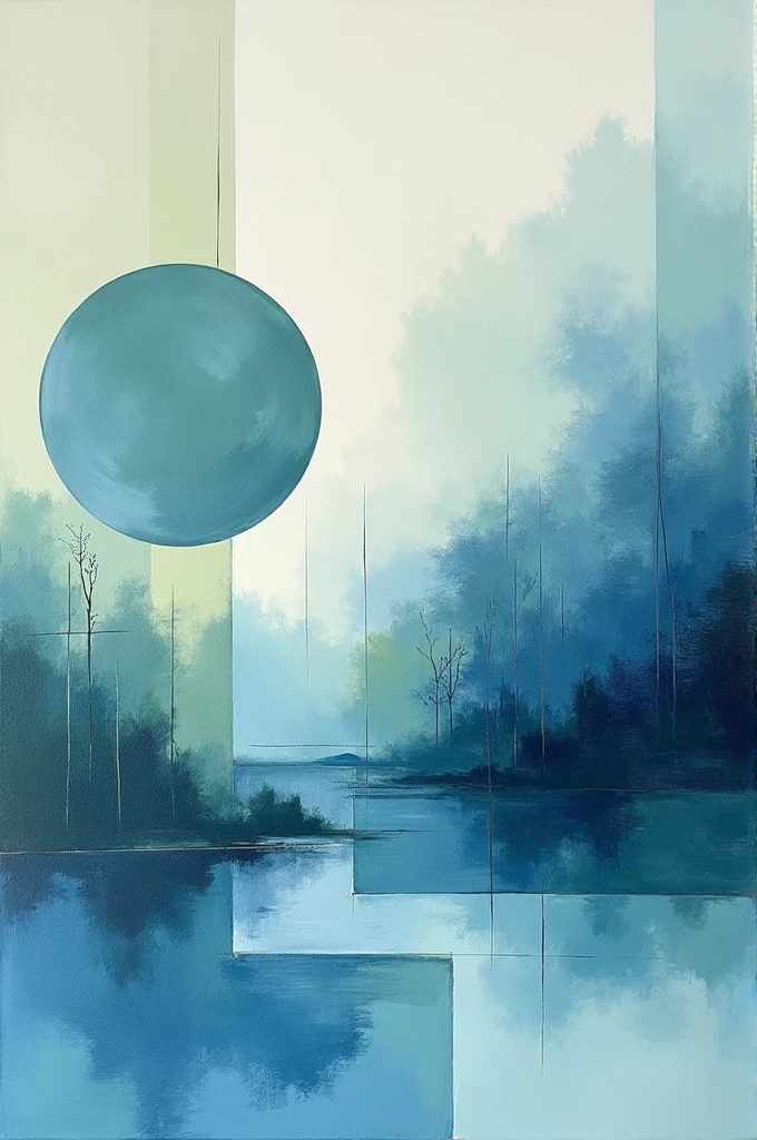 Abstract painting with shapes and strokes of blue tones, Greys and greens that transmit tranquility with a feeling of music