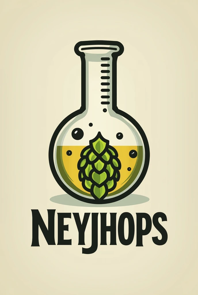 Logo for a beer bottle that says Neyjhops, The logo must be inspired by chemistry flasks, The name must contain a hop. 