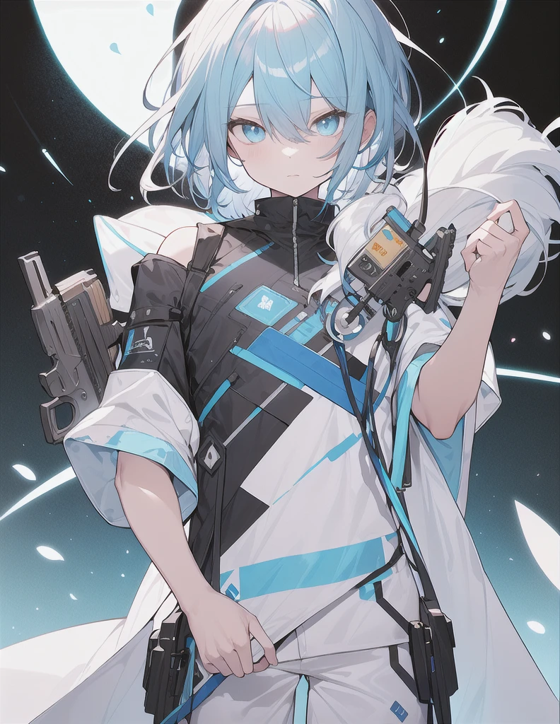 Highest quality Light blue hair Light blue glowing eyes Pure white, cool clothes There are no sleeves on the shoulders He has a gun