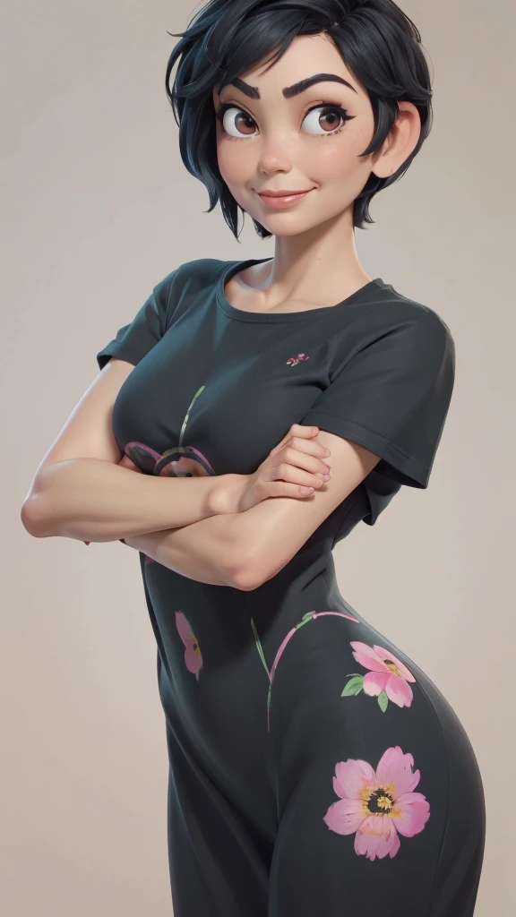 A Happy 41 year old woman, Grinning, front head position, (((very short black hair))), eyes browns, rounded and large, Oval face, Balanced proportions, rounded forehead, soft chin, Delicate cheekbones, thin, upturned nose, delicate tip, discreet nostrils, big mouth, fleshy lips, expressive smile Realism. Wearing a floral t-shirt and black paints.