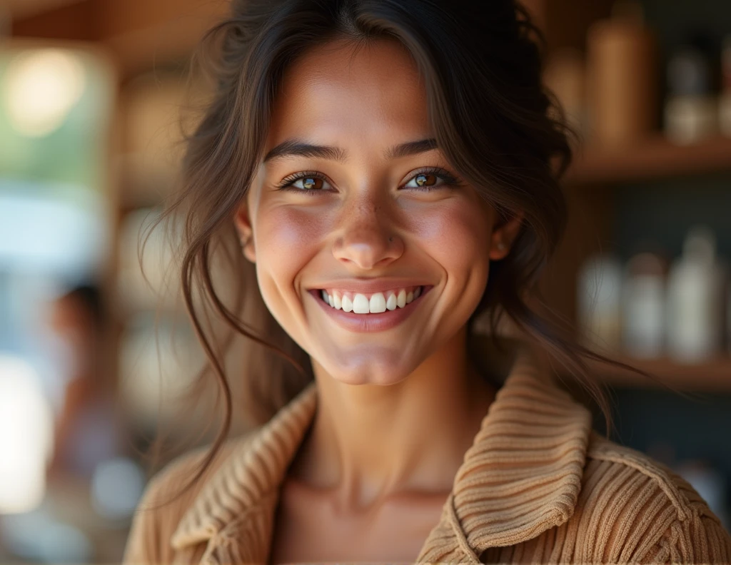 The girl's face selling products is warm and approachable. She has bright eyes that convey enthusiasm and a friendly smile that makes customers feel welcomed. Her complexion is smooth and radiant, complementing her overall pleasant appearance. Her facial features are well-balanced, with soft curves and a gentle expression that exudes confidence and trustworthiness.