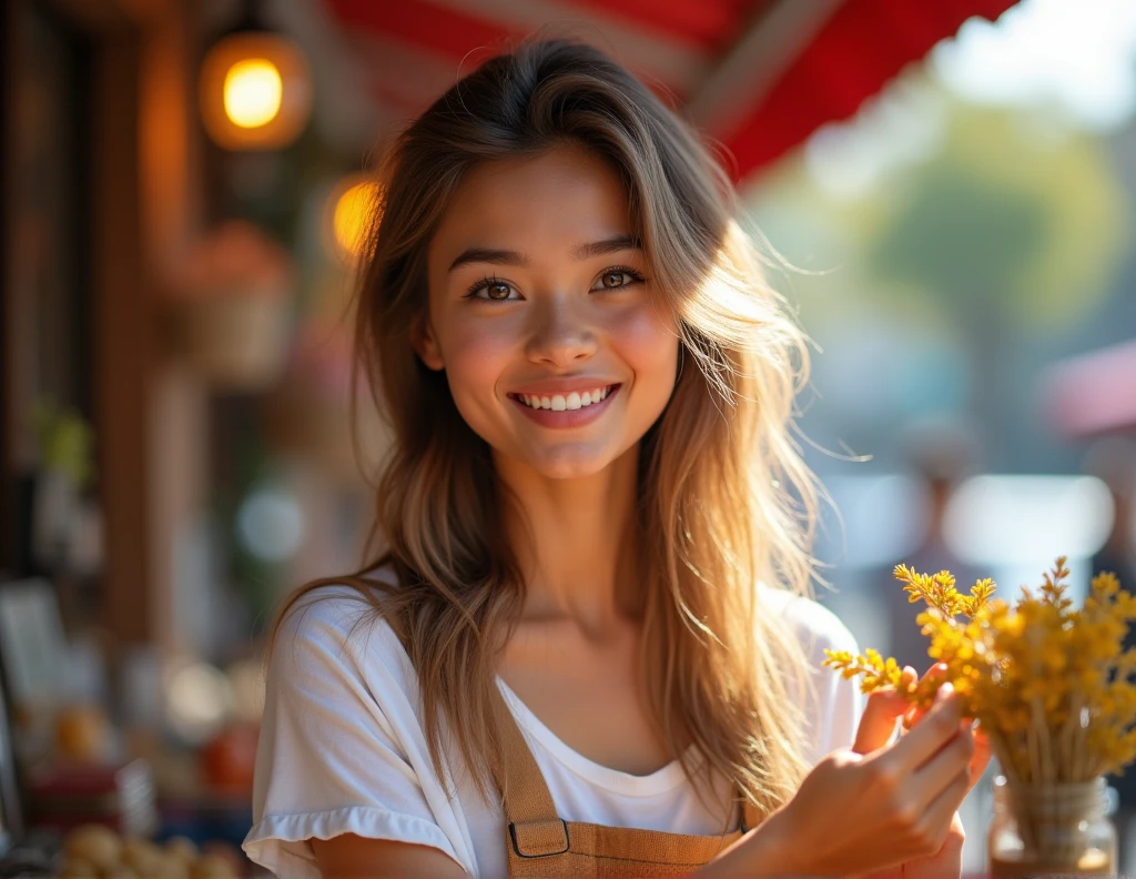 The girl's face selling products is warm and approachable. She has bright eyes that convey enthusiasm and a friendly smile that makes customers feel welcomed. Her complexion is smooth and radiant, complementing her overall pleasant appearance. Her facial features are well-balanced, with soft curves and a gentle expression that exudes confidence and trustworthiness.