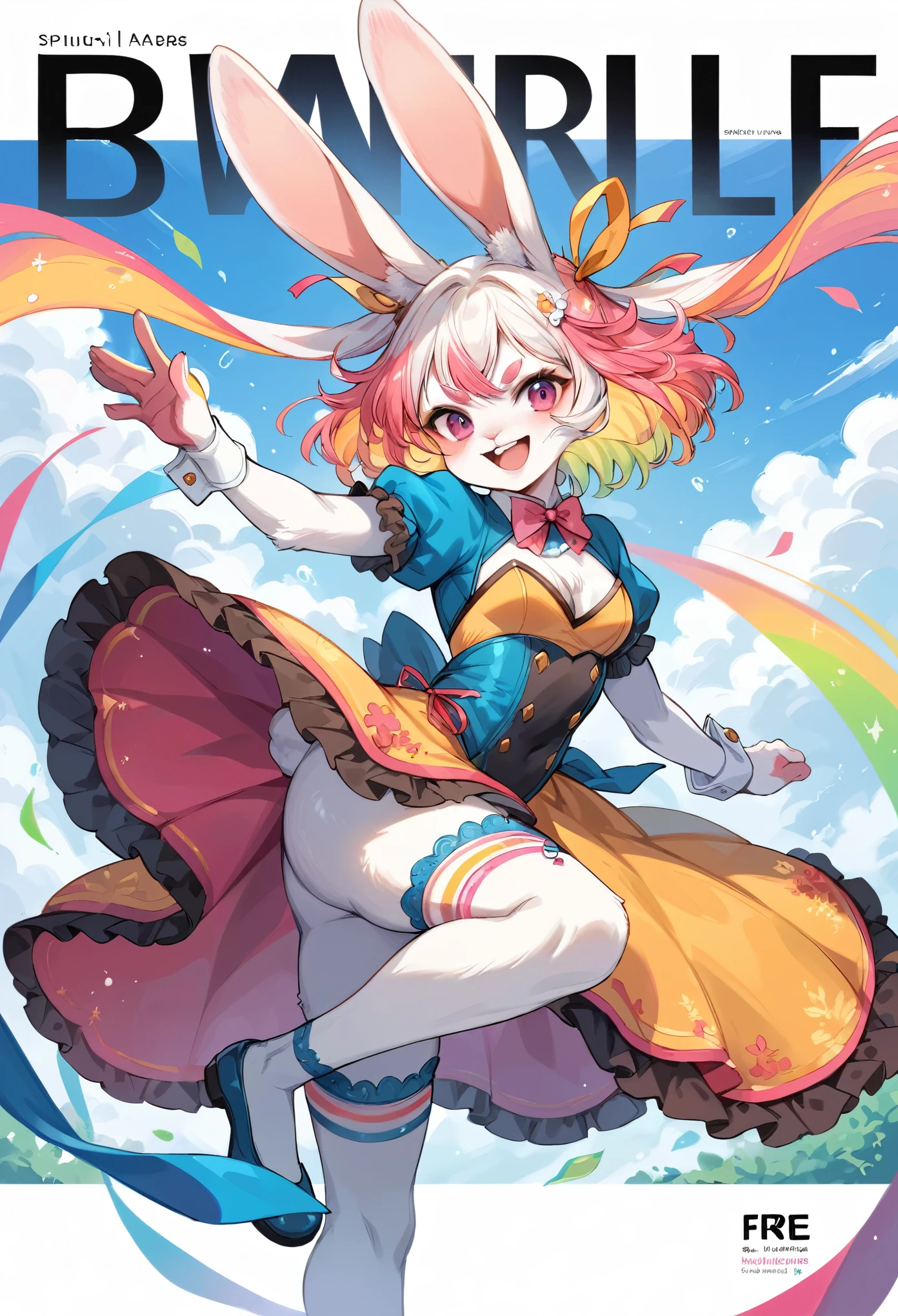 rating_safe, score_9, score_8_up, score_7_up, score_6_up, score_5_up, score_4_up, hires, source_furry, spring outfit, colorful hair, outdoor, magazine cover, dancing, furry girl(rabbit Facial Features, rabbit Body Features)jumping, flowing colorful ribbon, Flying sweat, serious expression, joyful smile,
