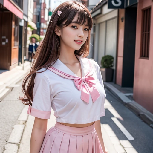 laughing out loud，Wear student sailor uniform, The sailor uniform is a white shirt, pink bow tie and pink navy collar.，pink collar，Pink pleated skirt，(knee shot), 1 girl, On the face, light brown hair, blunt bangs, hair behind ears, Hair over the shoulders, long hair, Slender body type, Super thin face, face slimming, delicate lips, beautiful eyes, Thin blush, Eyes are light brown,Check it out here, (realistic:1.3), Standing next to a Japanese street, 8k, , Super detailed, high quality, best quality, High resolution, ，Large Breasts，H CUP, 