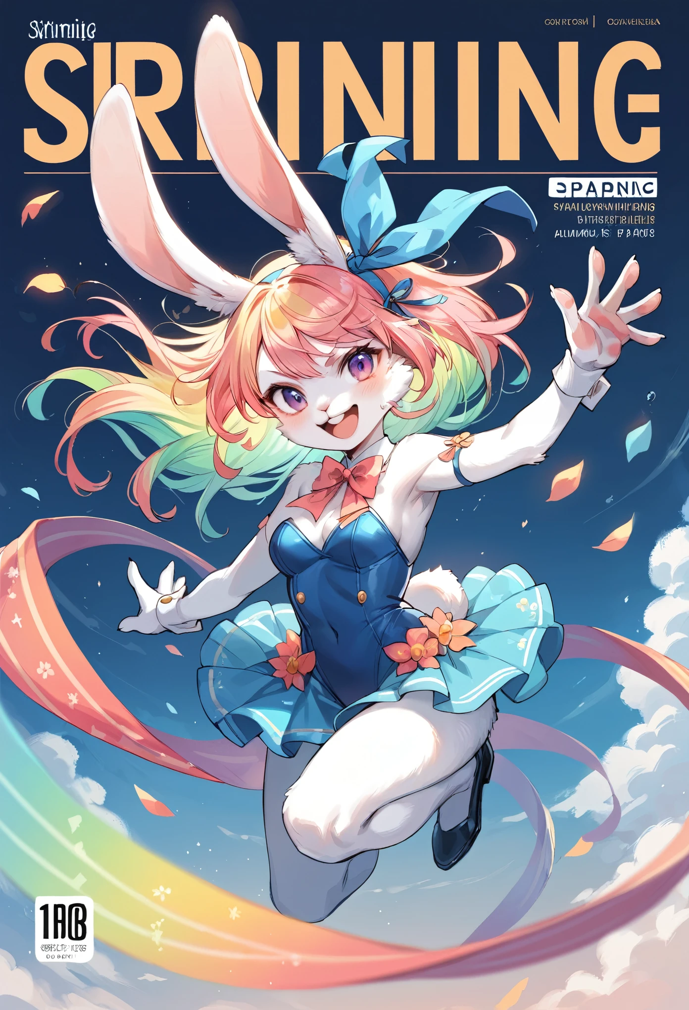 rating_safe, score_9, score_8_up, score_7_up, score_6_up, score_5_up, score_4_up, hires, source_furry,  spring outfit, colorful hair, outdoor, magazine cover, dancing, furry girl(rabbit Facial Features, rabbit Body Features)jumping, flowing colorful ribbon, Flying sweat, serious expression, joyful smile,
