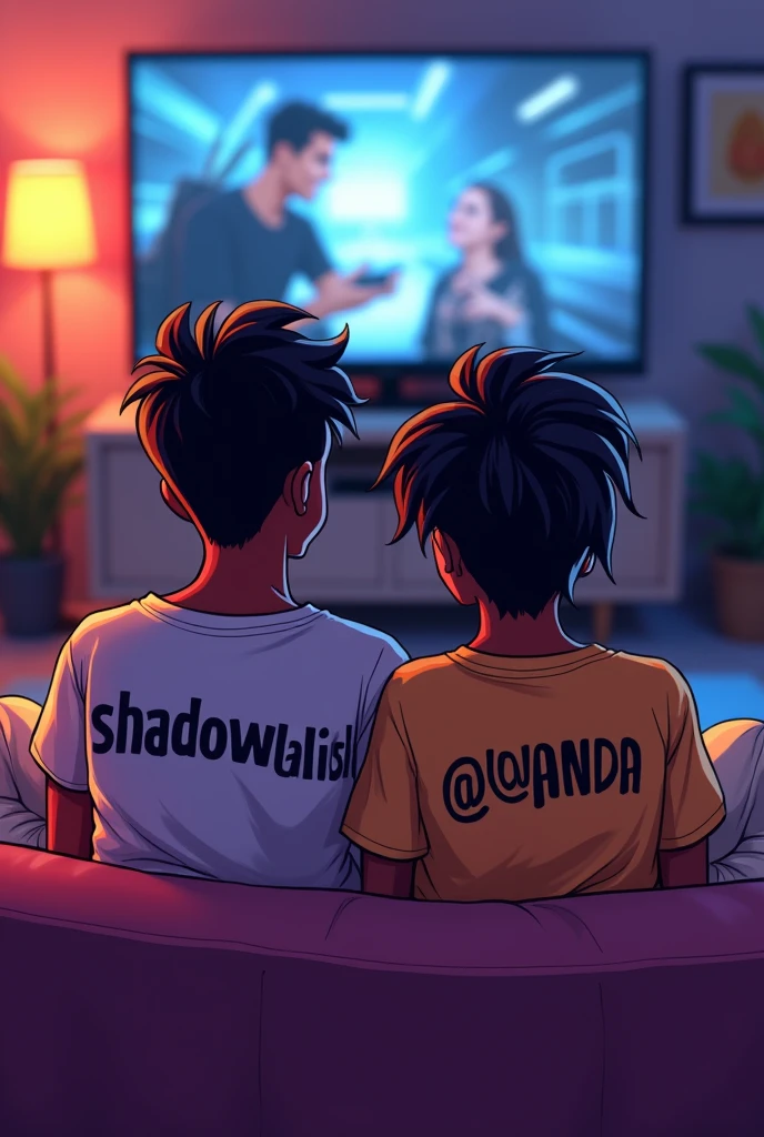 A couple aged 19, sitting together on a couch, playing call of duty mobile fps ,both dark skinned , cartoon style, casting on the tv,on the back shirt of the girl written shadow@Lisha,on the shirt of the boy written shadow@vanda