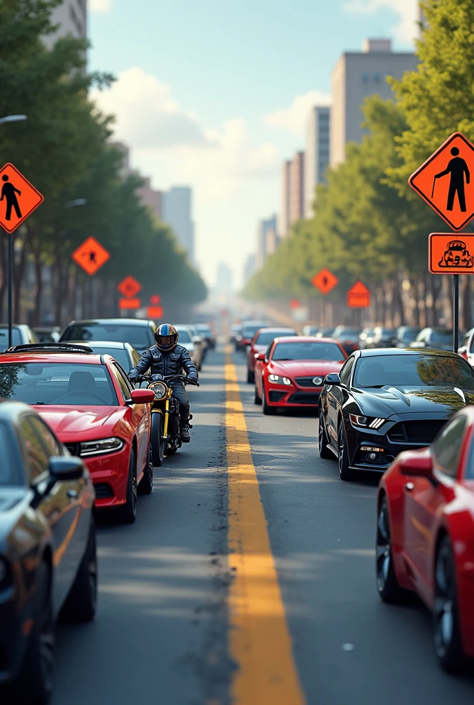 Help me create an image that contains cars, motorcycles, and care signs (transit) for awareness-raising propaganda (real images)