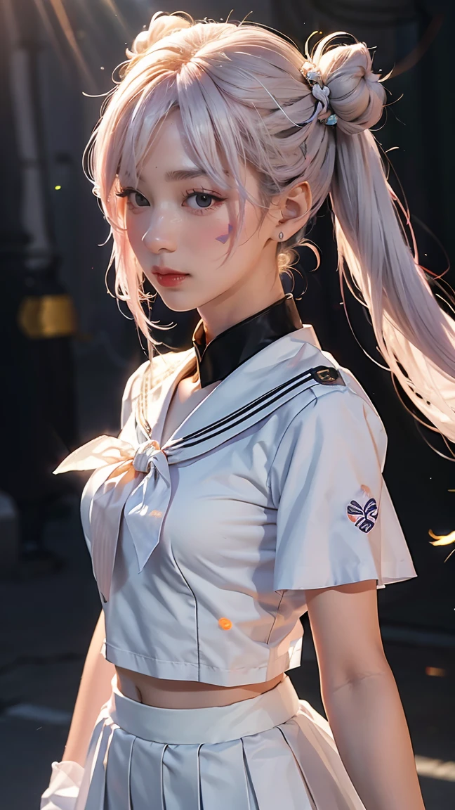 photorealistic, (hyperrealistic:1.2), (extremely detailed CG unity 8k wallpaper), (ultra-detailed), masterpiece, best quality, 1girl, sailor cosmos, standing, fullbody,  solo, long hair, skirt, hair ornament, twintails, jewelry, purple eyes, white hair, pleated skirt, earrings, choker, sailor collar, hair bun, cape, character name, double bun, facial mark, white skirt, brooch, white sailor collar, hairpin, forehead mark, white choker, sailor senshi uniform, holding staff