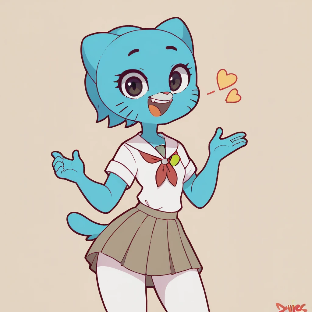 the amazing world of gumball, (nicole watterson:1.25), toony, *********, school uniform, white pants, :3, happy, standing, half-body, cute girl, looks at viewer, cartoon, 2d art, flat colors, alone, by diives