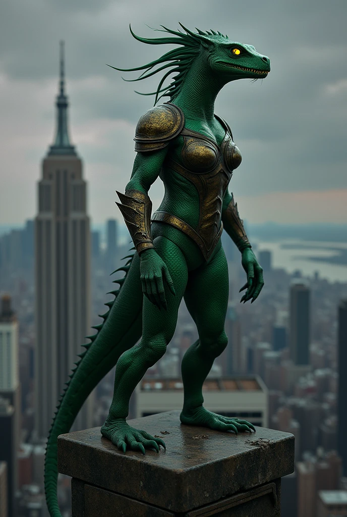 Sensual dark green scaled lizard woman on top of building. She wears very simple armor
