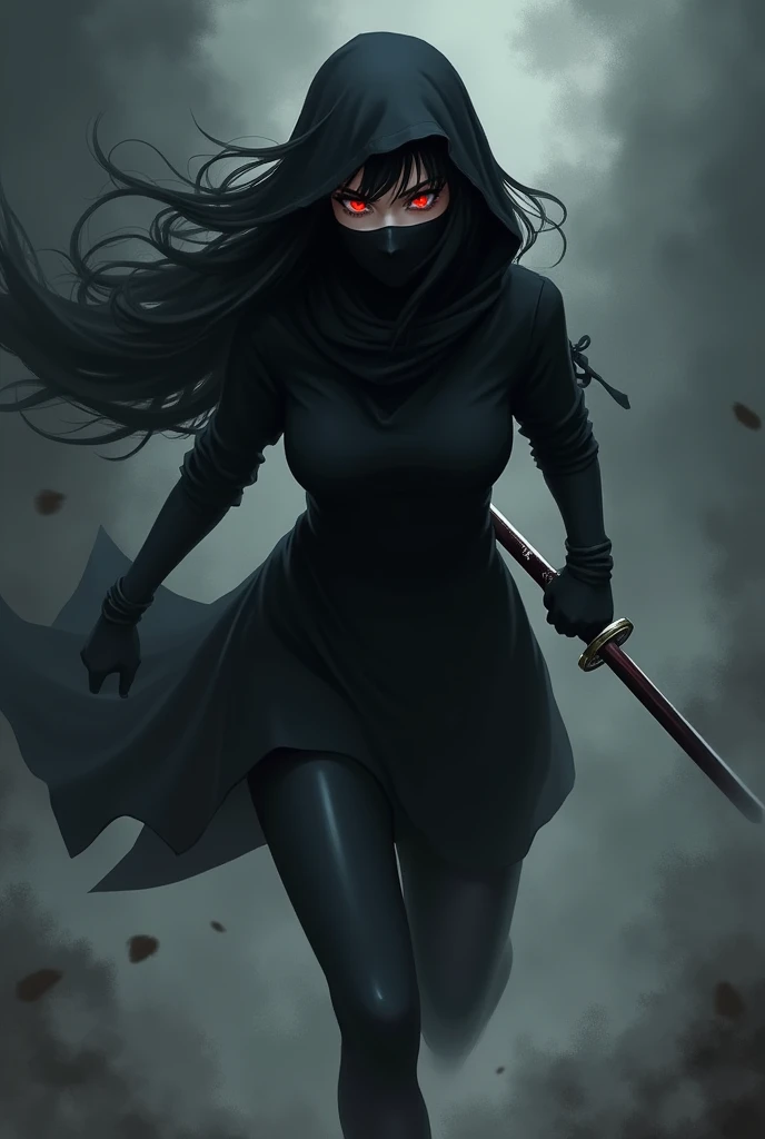 black clothing ,estilo アニメ,hood hiding the hair, black mask in the mouth,Woman, slim, using katana,Eyes red ,アニメ, sprinting