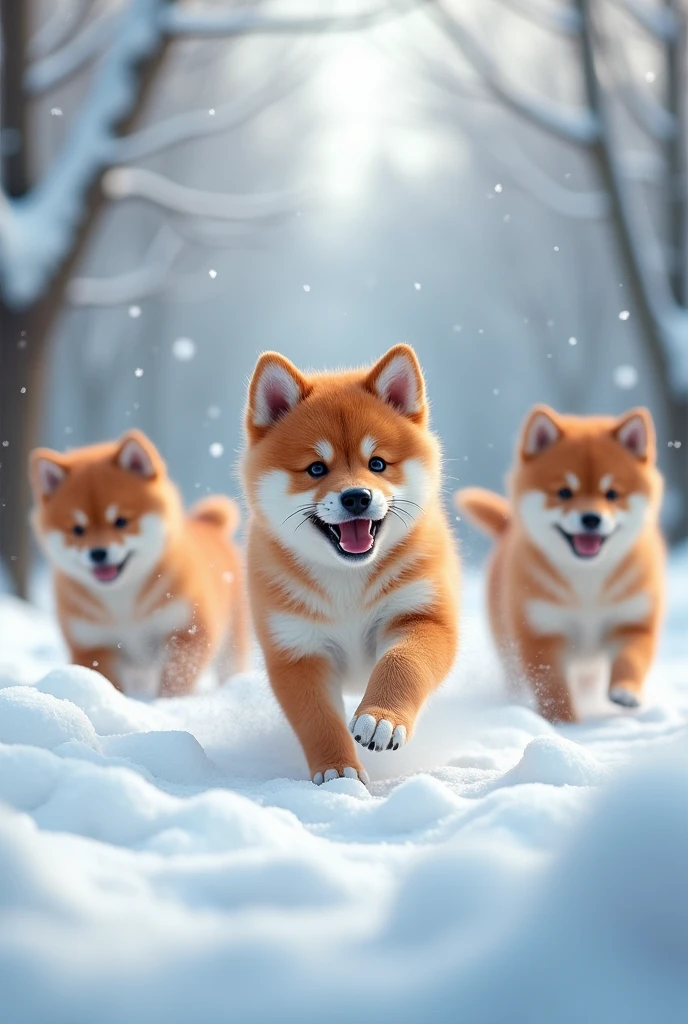 Several Shiba Inu puppies running around in the snow