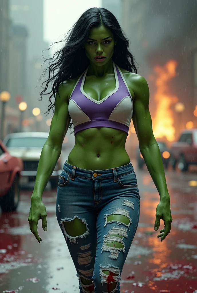 a beautiful woman (((Olive-green complexion all over his body))),(((long black hair))) Jennifer Walters aka She-Hulk in a white sports top with purple in the middle and some (((Bermuda jeans up to their knees ripped))) because of his big muscles on his knees screaming exhausted after an extensive battle in an apocalyptic and rainy city cars and buildings on fire blood around him strong and bloody images (((Olive green complexion all over the body))),(((Fingers of his hands without any deformity)))