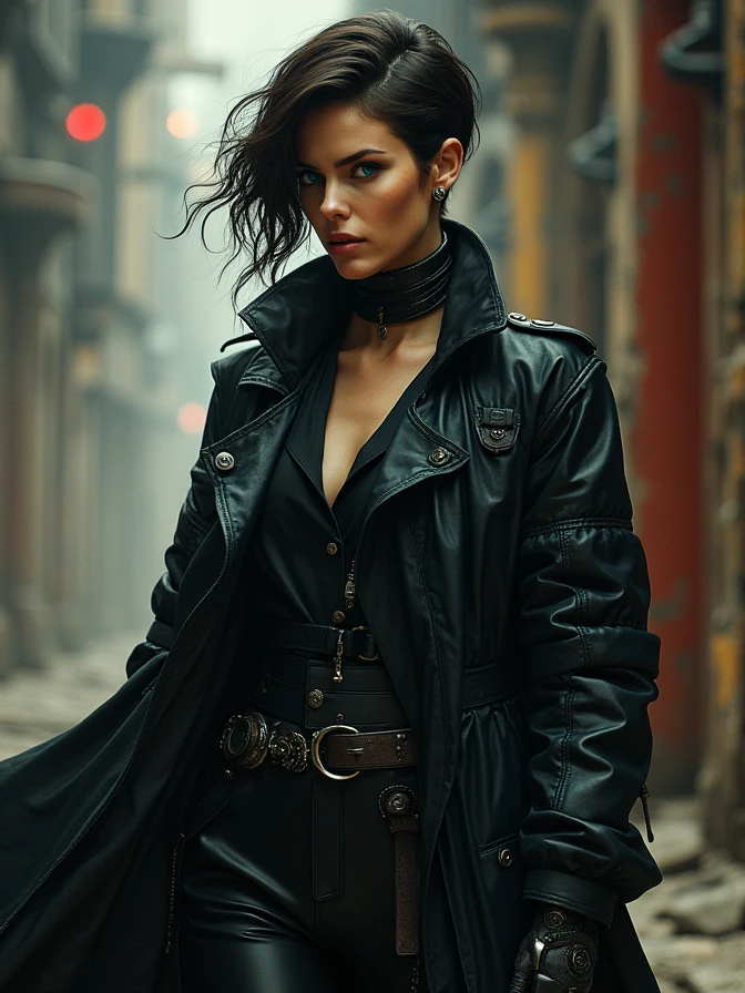one Beautiful woman. Dark brown hair, pixie haircut. blue eyes. daring outfit. goth tomboy. maidenly charm. space rogue assassin. trenchcoat. Dark sci-fi. Warhammer 40k. Dieselpunk. baroque oil painting.