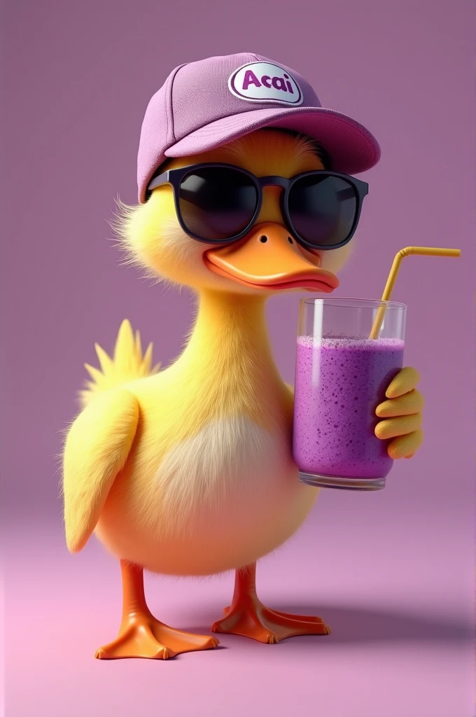 Duck in a cap, sunglasses and a glass of açaí in hand