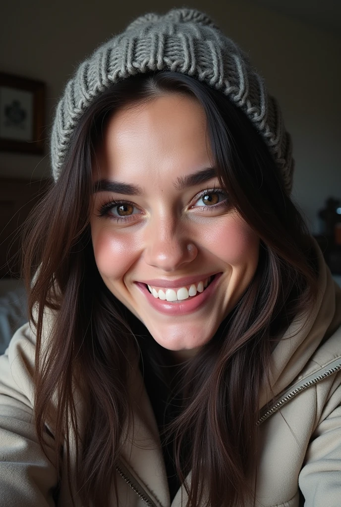 A woman resembling Scarlett Johansson, smiling, wearing a black dress and long dark hair, looks directly into the camera. She has just woken up disheveled, taking a selfie, wearing winter clothes, a wool hat and scarf.