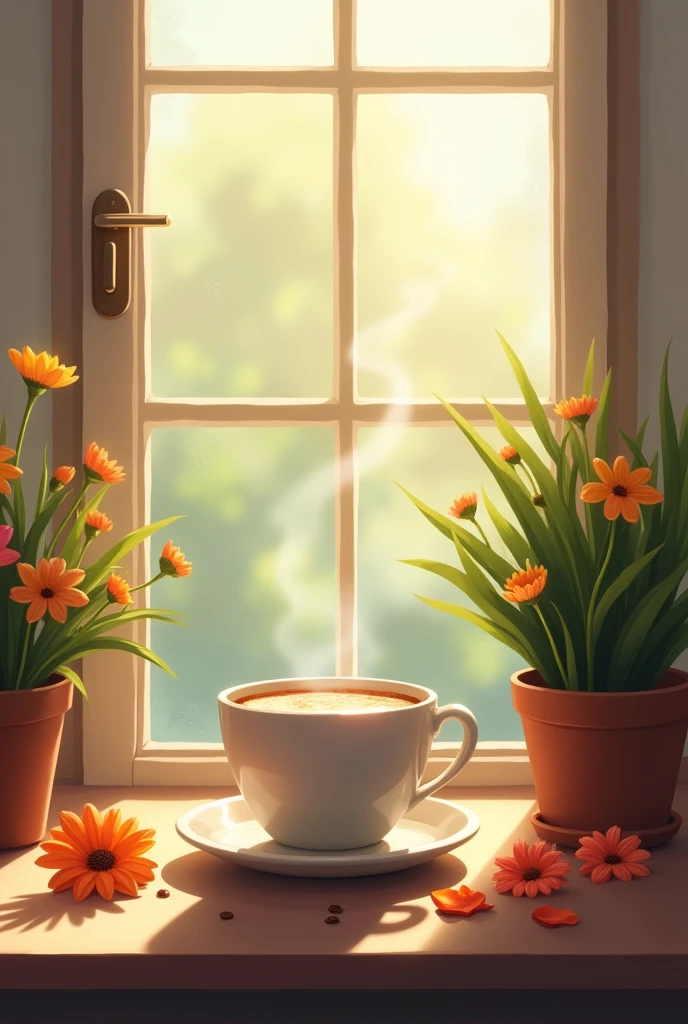 Hot cup of coffee nearby window with potted plant and cut flowers 
