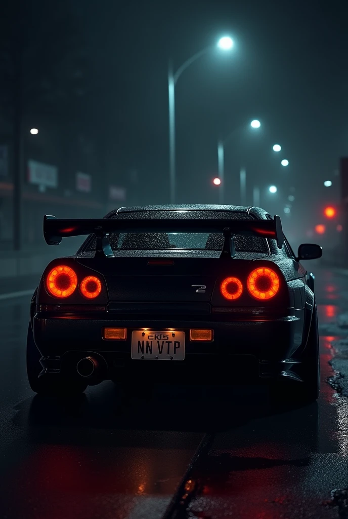 Vid generates a video of a black Nissan Skyline r34 in the very very dark night darker than anything that your ass