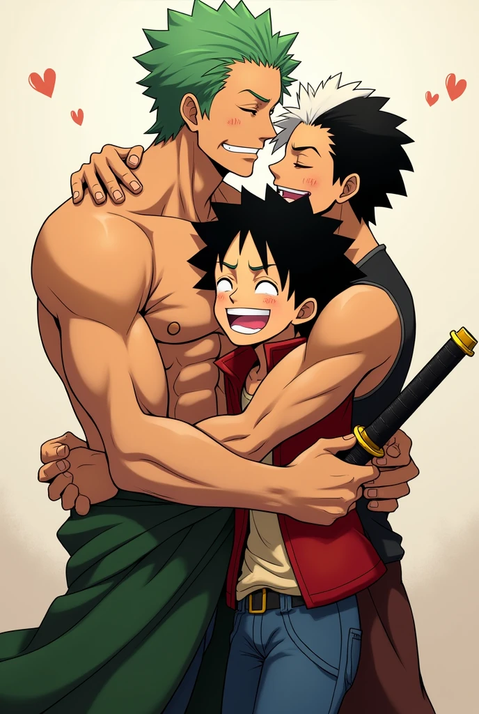 A muscular gym man and a shorter man who appears to be 20 with black and white hair hugging Zoro from One Piece as friends