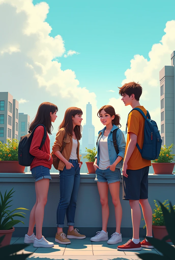 and a girled named emily who is also a student and a girl named sarah and a boy name jake and a boy named alex all on a rooftop
