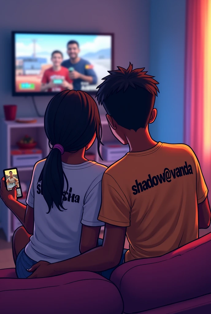 A couple aged 19, sitting together on a couch, playing call of duty mobile fps ,both dark skinned , cartoon style, casting on the tv,on the back shirt of the girl written shadow@Lisha,on the shirt of the boy written shadow@vanda