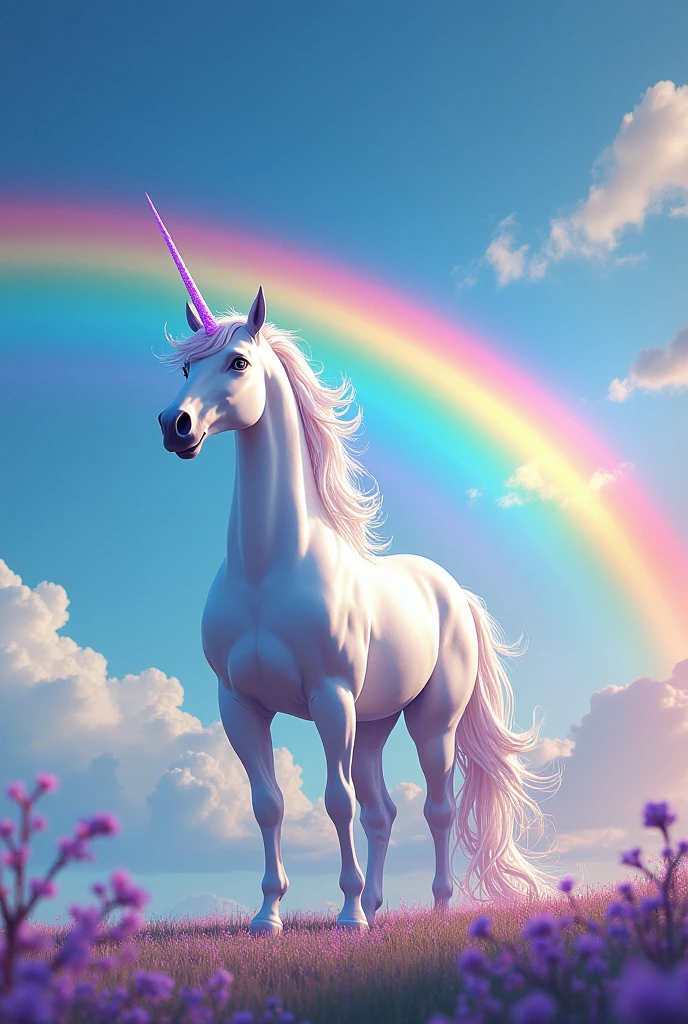 UNICORN WITH BLUE BACKGROUND IN THE SKY AND MANY RAINBOWS 