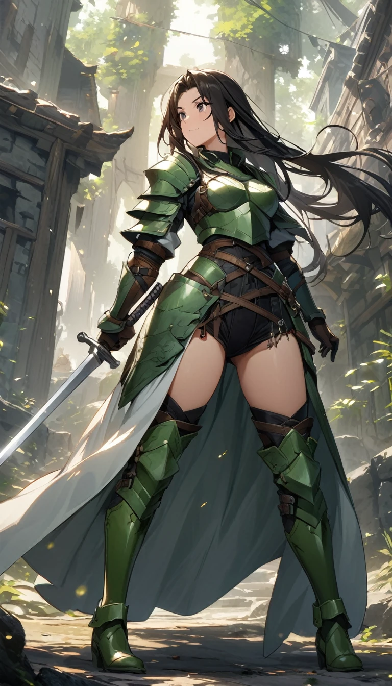 Ultra-high definition image quality、beautiful girl、Woman warrior、Female Swordsman、Light Armor、Green Boots、Long Hair、Knight's Hair Ornament、Black Hair、20-year-old、Be confident々face、Very short tight skirt、Sexy posture、Cowgirl、wilderness、Highest quality,Big Ass、Big Breasts、Thighs、god槍グングニルを握る、Black gorgeous embroidered lace panties、Kick off with your feet and jump、Joan of Arc style clothing、Wind King Barrier、Her hair is fluttering in the wind、The Sword of Promised Victory、god々Wearing a bright aura、Big Ass、Valkyrie the War Maiden、Crotch close-up、Angle from directly below、Steam is coming out of my crotch