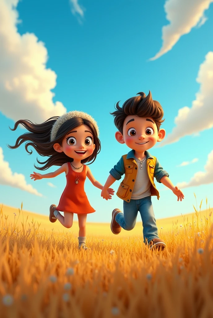 Characters Zoe and Gabo from the series Where from Argentina mobile wallpaper with a background of a field with the sky