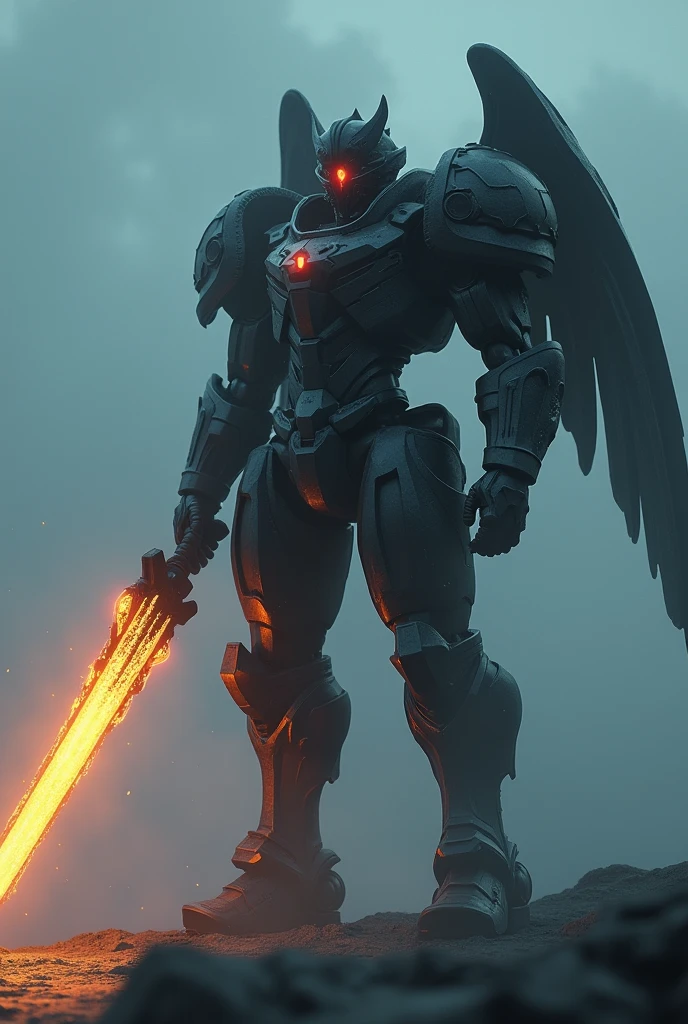 Fog on the beach, night ,Jaeger ,black head, flame sword, cyclops eye, cyberpunk, armour dark,have iron wing,have jet-pack engine 