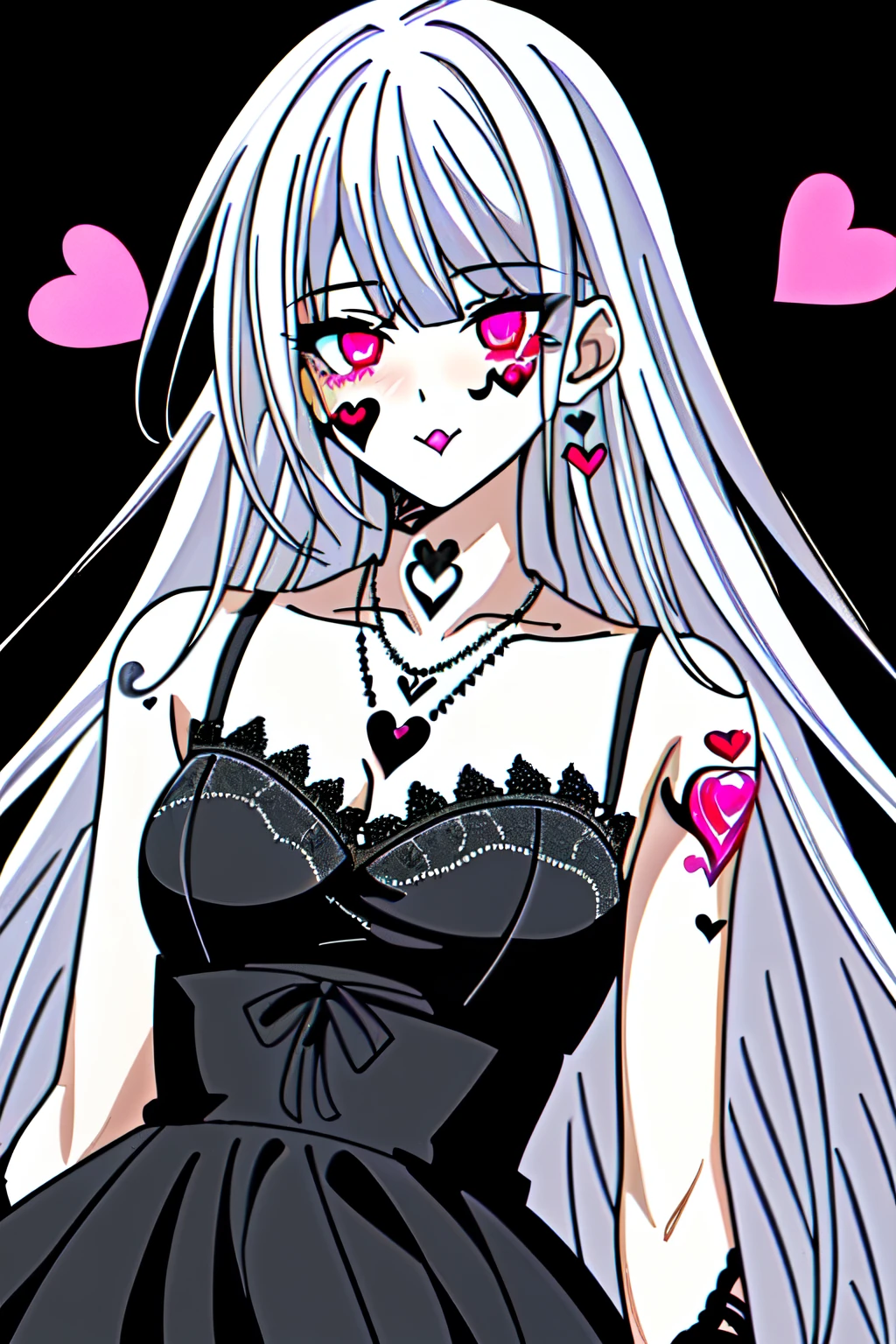 (best quality), ultra res, highly detailed, turned at viewer, anime style, (face shoot), long hair, white hair with lilac at the ends, black underwear, (looking at viewer), pink heart necklace, straight hair, a pink heart tattoo on right cheek, lace dress, black lace, girl, Gothic dress.