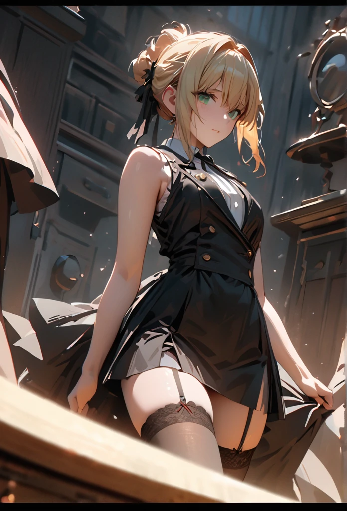 (blond hair, chignon hair, light green eyes, sleeveless shirt white, black skirt, garter stockings) 1 woman, hair up, happy, tired, high detail, violet evergarden hair, green eyes, blonde hair, pretty, tall, emotionless, high detail, masterpiece, super detail, high details, high quality, best quality, pretty, tall, emotionless, ((femenine)), ((male face)), handsome, solo, looking at viewer, light, 1girl, 4k quality,cinematic lighting, ray tracing, depth of field, cinematic lighting, ray tracing, UHD, high details, best quality, highres, high quality, award winning, super detail, masterpiece, 8k, UHD, high details, best quality, highres, high quality, award winning, super detail, masterpiece, 8k, digital art, anime coloring, full body, body shot, good face, perfect face, detailed face, good eyes, detective office background,