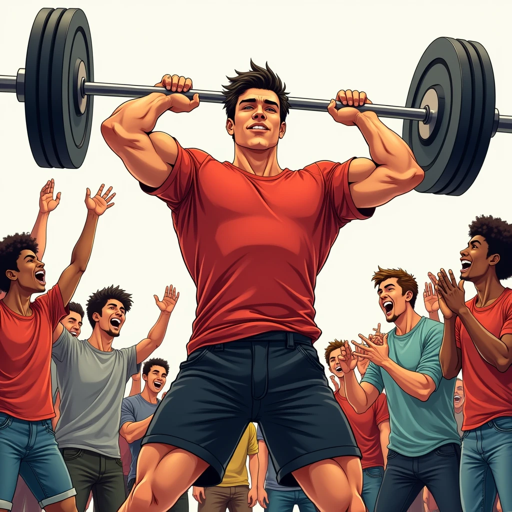 manga art style, best quality, masterpiece, handsome man lifting a barbell, five friends of different races cheering him on from behind, perfect fingers, perfect hands, perfect face, perfection