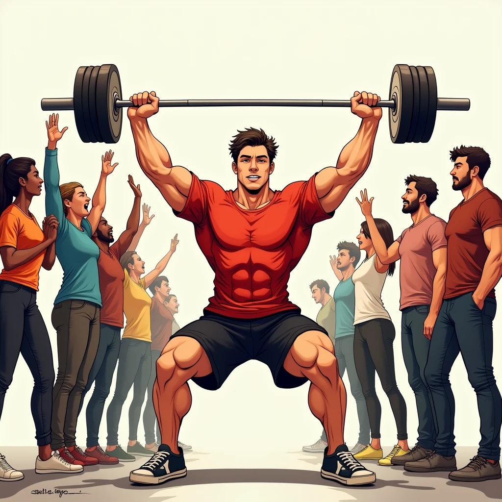 manga art style, best quality, masterpiece, handsome young man wearing red tshirt and black shorts, lifting a barbell, several friends of different races cheering, perfect fingers, perfect hands, perfect face, perfection, no background