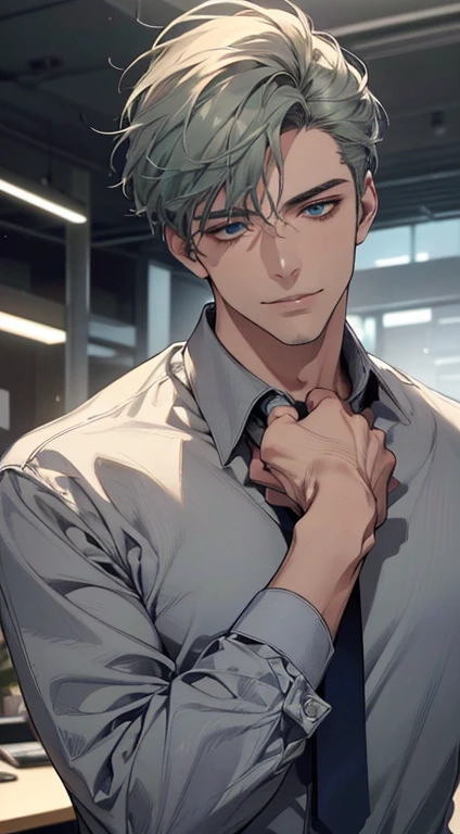 (best quality,4k,8k,highres,masterpiece:1.2),ultra-detailed,(realistic,photorealistic,photo-realistic:1.37),1 man,3,mature man,very handsome,without expression,smile,short grey green hair,blue eyes,penetrating gaze,perfect face without errors,imposing posture,businessman,office background,cinematic lighting,hdr image